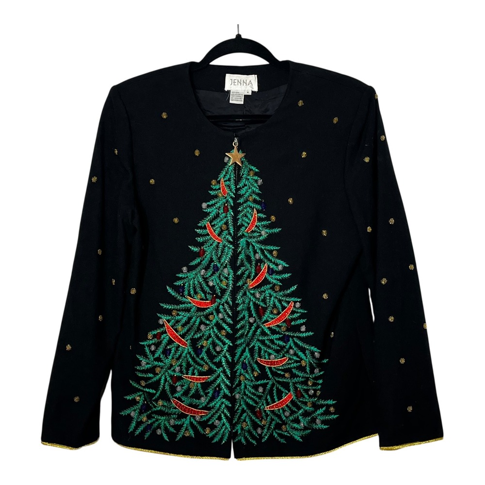 Jenna Vintage Womens Black Wool Christmas Tree Embroidered Zip Jacket Size 4